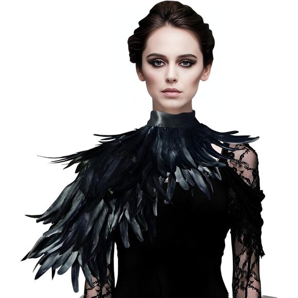 Dresses & Skirts - Women Feather Cape Shawl Costume Black Witch Wings Collar Adult Crow Neck